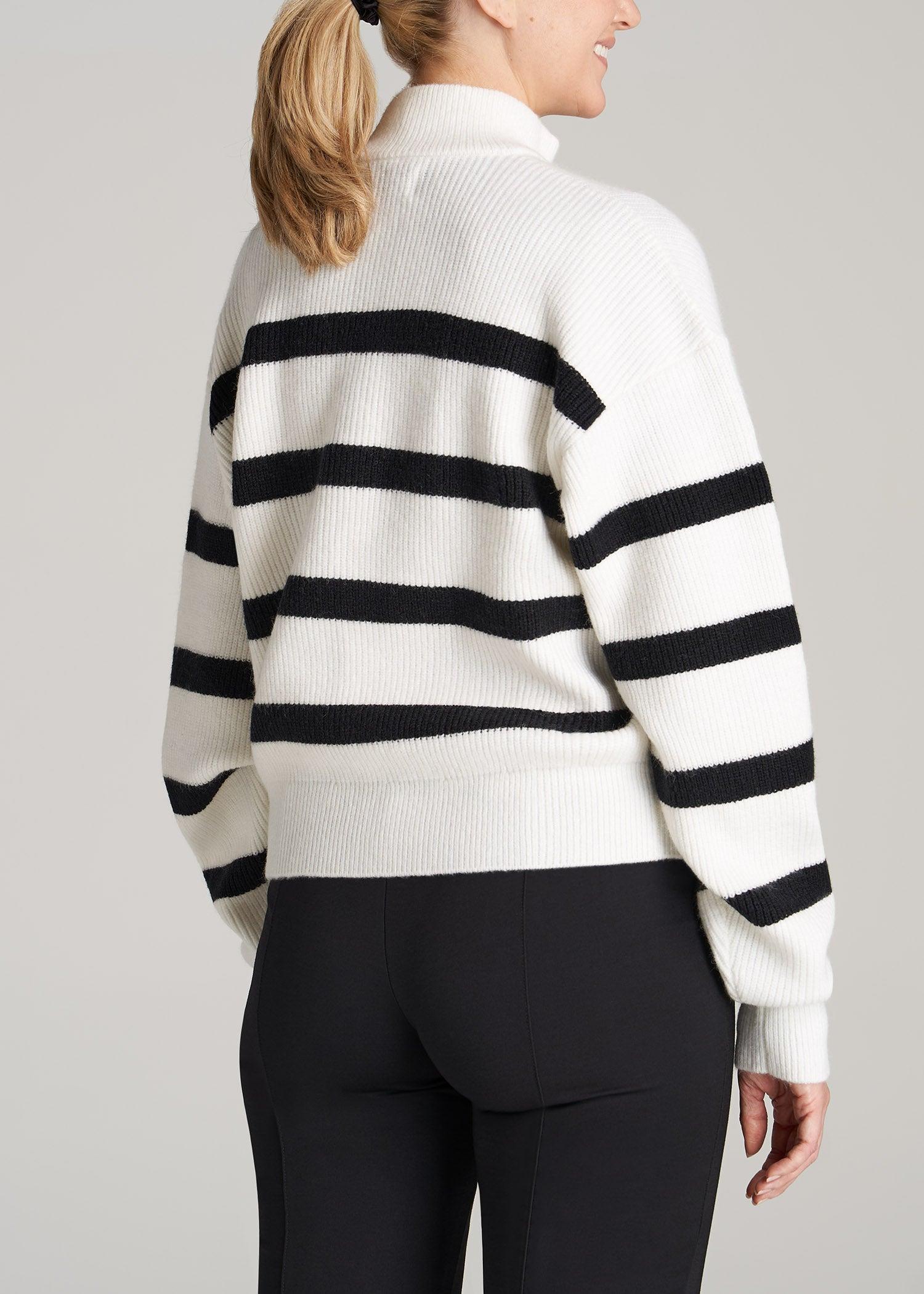 Button Front Mock Neck Sweater for Tall Women in Off White & Black Stripe Female Product Image