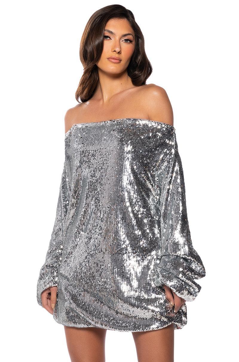 GEMMA OFF THE SHOULDER VOLUMINOUS SEQUIN MINI DRESS IN SILVER Product Image