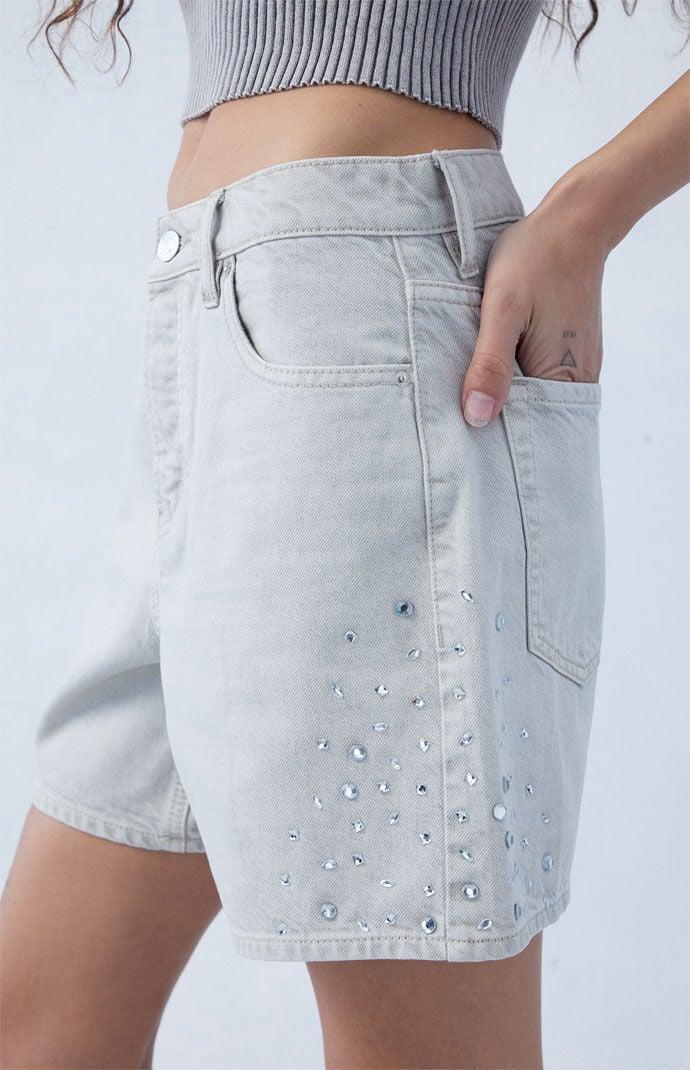 Women's Eco Gray Rhinestone High Waisted Relaxed Jorts Product Image