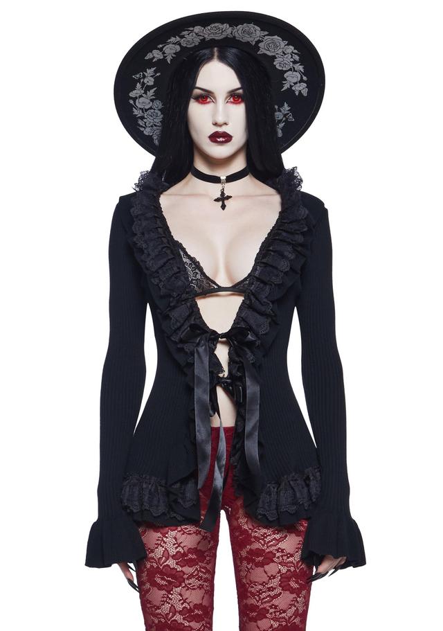 Widow Vampire Goth Stretchy Ribbed Knit Ruffled Eyelet Lace Ribbon Cardigan - Black Product Image