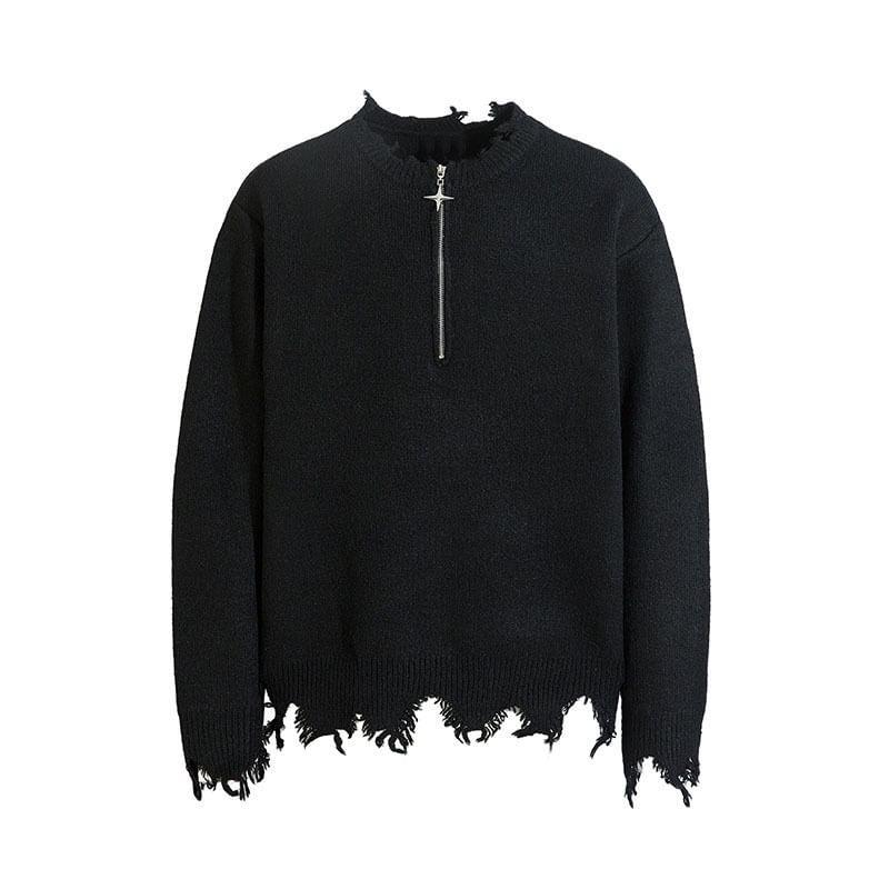 Round Neck Distressed Half-Zip Sweater Product Image