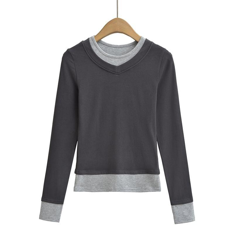 Long Sleeve Crew Neck Mock Two Piece Crop Tee Product Image