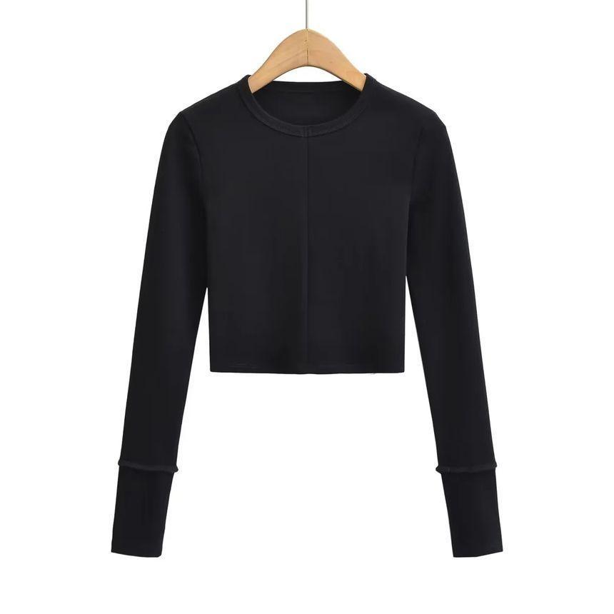 Long-Sleeve Round Neck Plain Crop Tee Product Image