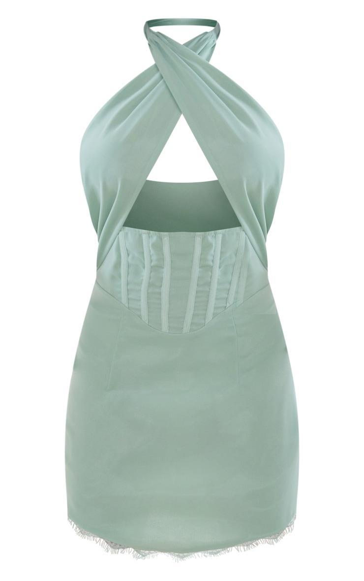 Sage Print Chiffon Cross Halter Lace Trim Bodycon Dress Product Image