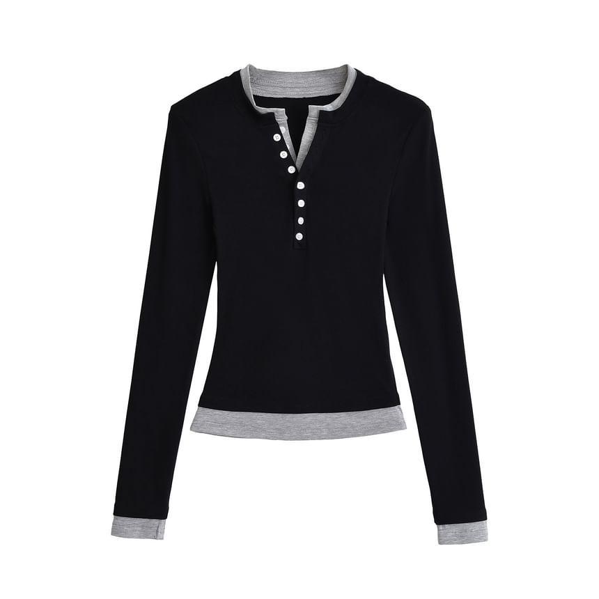 Mock Two-Piece Long-Sleeve Two-Tone Henley Tee Product Image