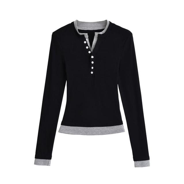 Mock Two-Piece Long-Sleeve Two-Tone Henley Tee Product Image