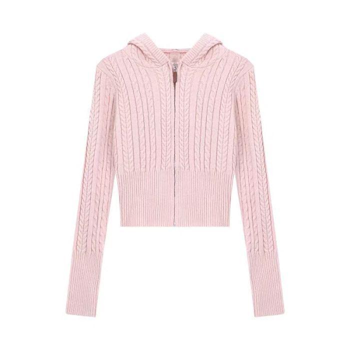 Plain Hood Cable Knit Zip Cardigan Product Image