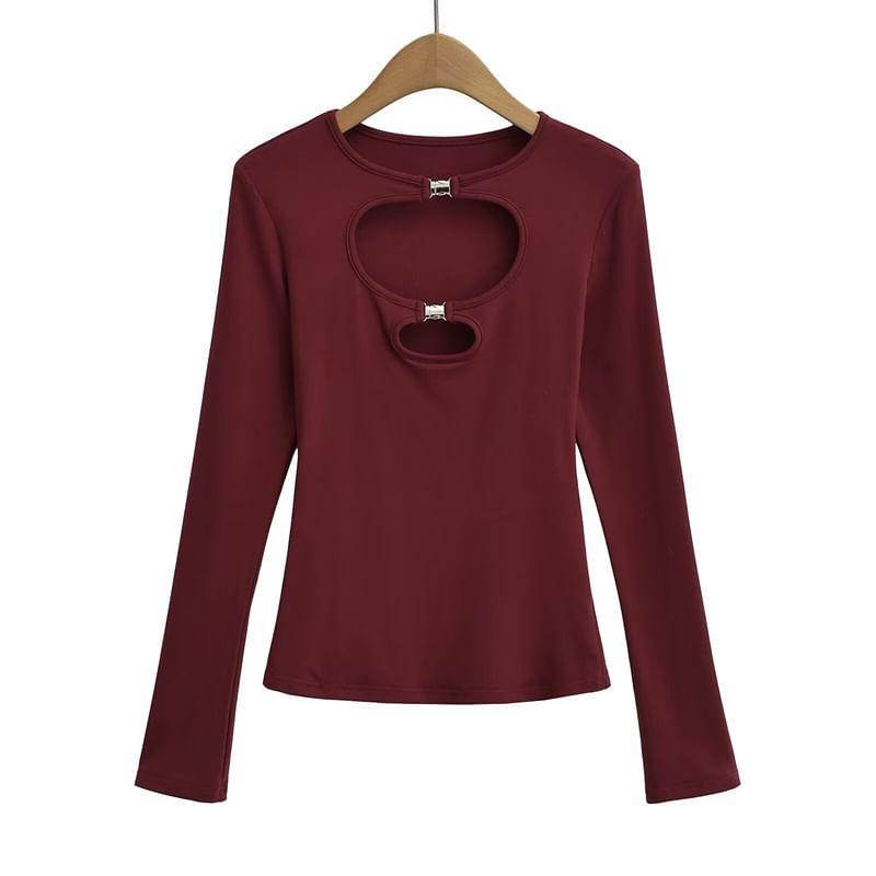 Long Sleeve Crew Neck Plain Hollow Out Tee Product Image