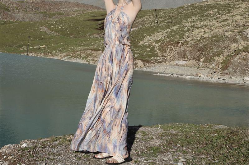 Halter V-Neck Tie Dye Open Back Maxi A-Line Dress Product Image