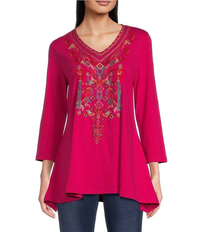 Calessa Petite Size Embroidered V Neckline 3/4 Sleeve Tunic Product Image