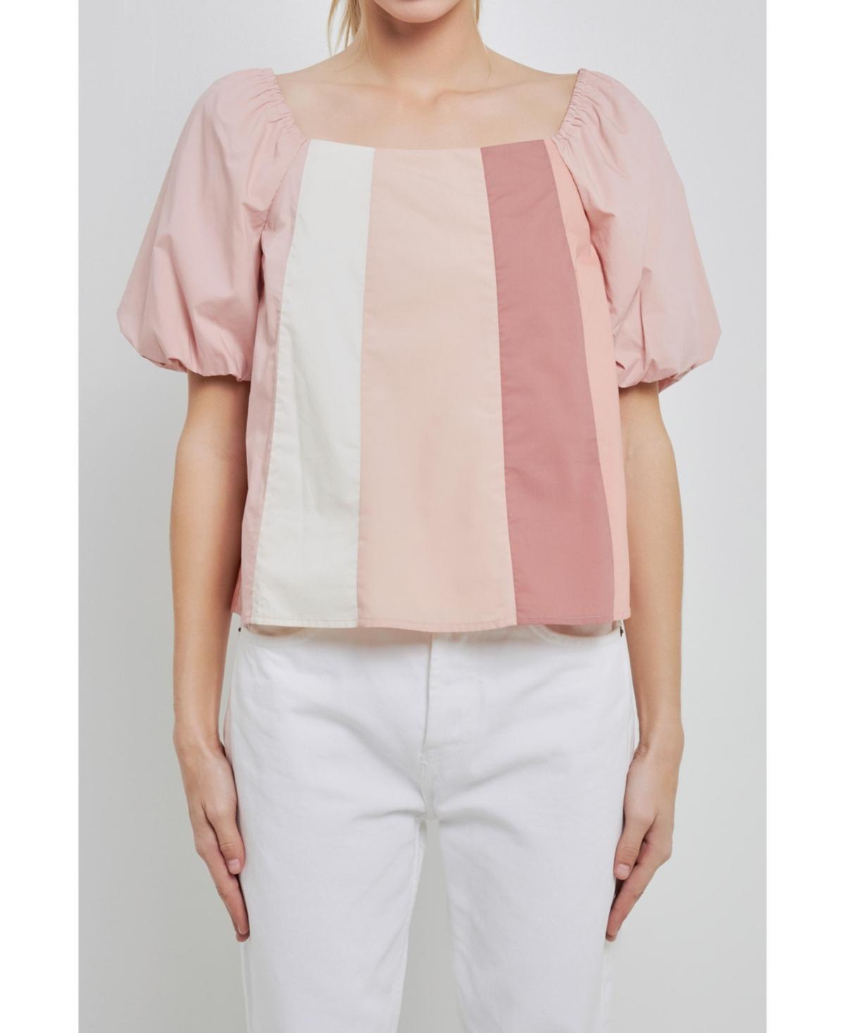 Womens Color Blocked Top with Short Puff Sleeves Product Image