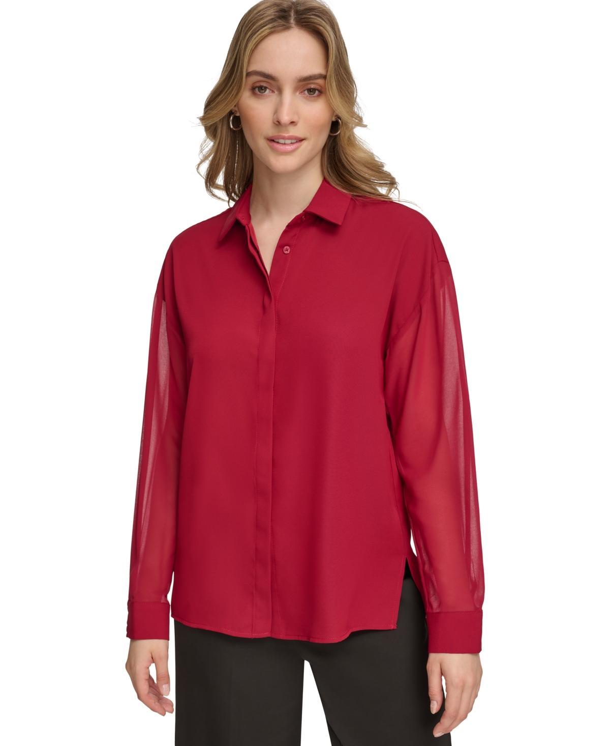 Calvin Klein Womens Chiffon Sleeve Button Down Blouse Product Image