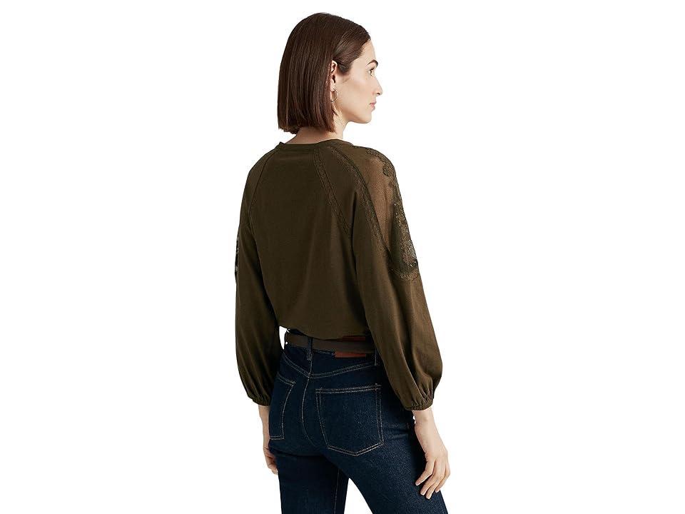 Lauren Ralph Lauren Embroidered Jersey Blouson-Sleeve Top (Botanic Green) Women's Clothing Product Image