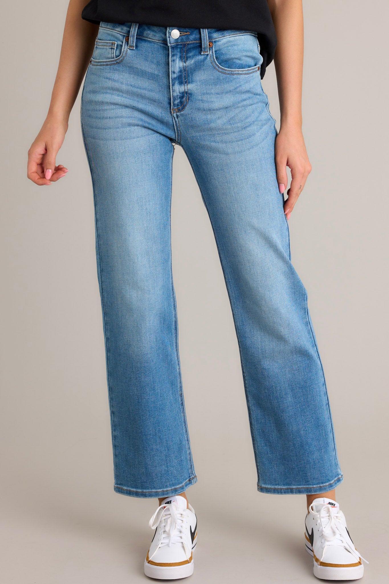 Sneak Peek Medium Wash High Rise Straight Leg Jeans Product Image