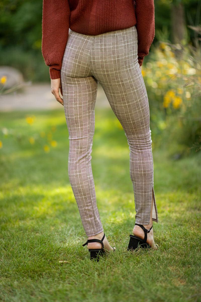 Brown and White Plaid Pull On Pants Product Image