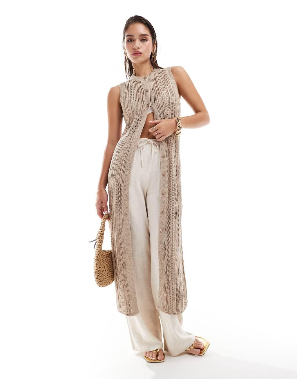 Pretty Lavish crochet maxi cardigan in beige Product Image