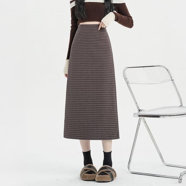 High Rise Plaid Slit Midi A-Line Skirt Product Image