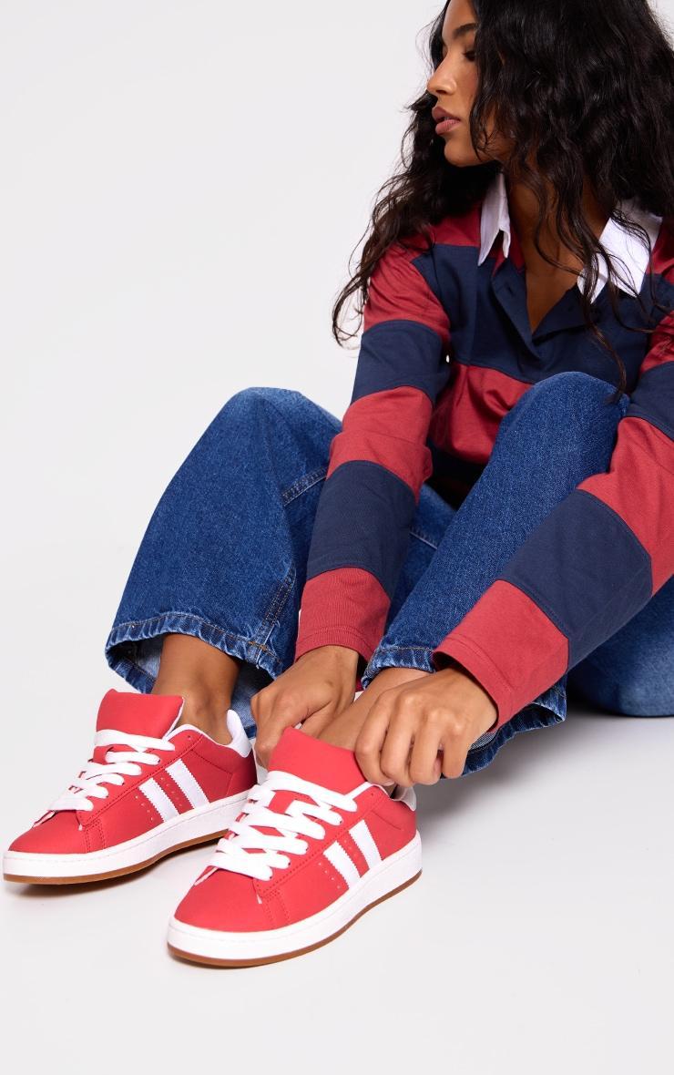 Red Faux Suede Stripe Chunky Lace Up Sneakers Product Image