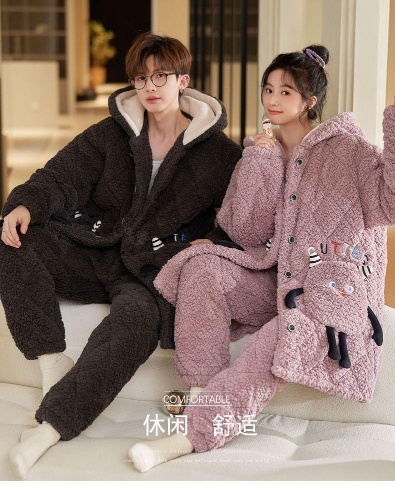 Couple Matching Pajama Set: Cartoon Patterned Hood Coral Fleece Button Jacket + Straight Leg Pants Product Image