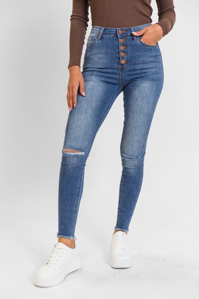 Chelsie Medium Wash Busted Knee Skinny Jeans Product Image