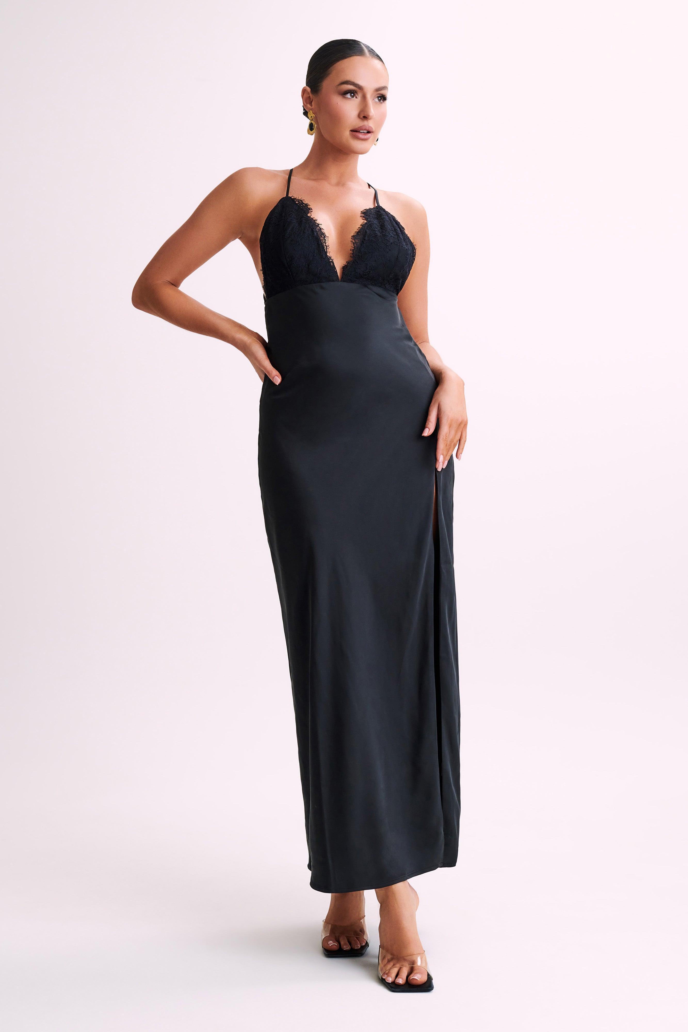 Gina Satin Slip Maxi Dress With Lace - Black Product Image