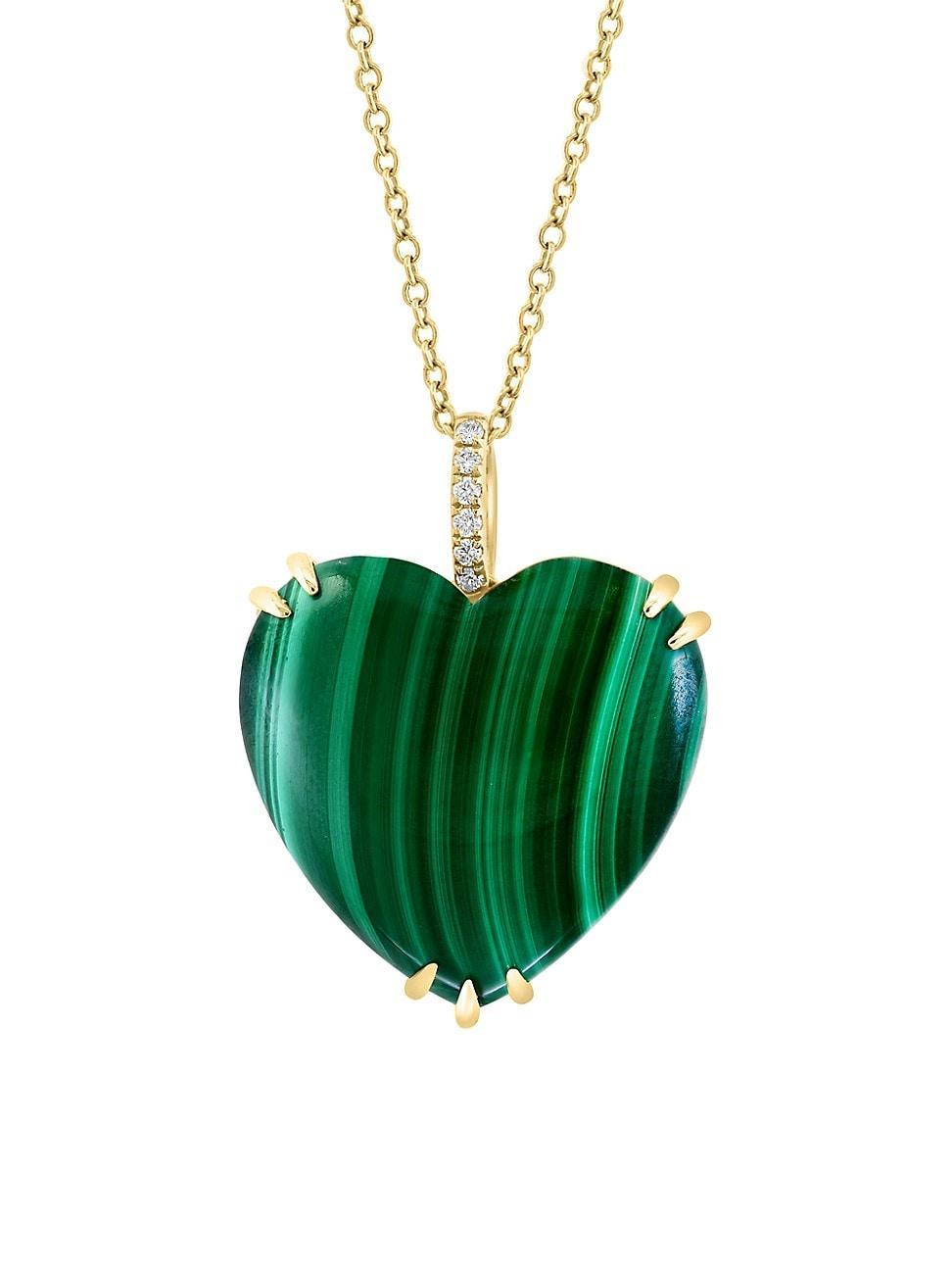 Womens 14K Yellow Gold, Malachite & 0.04 TCW Diamond Heart Pendant Necklace Product Image