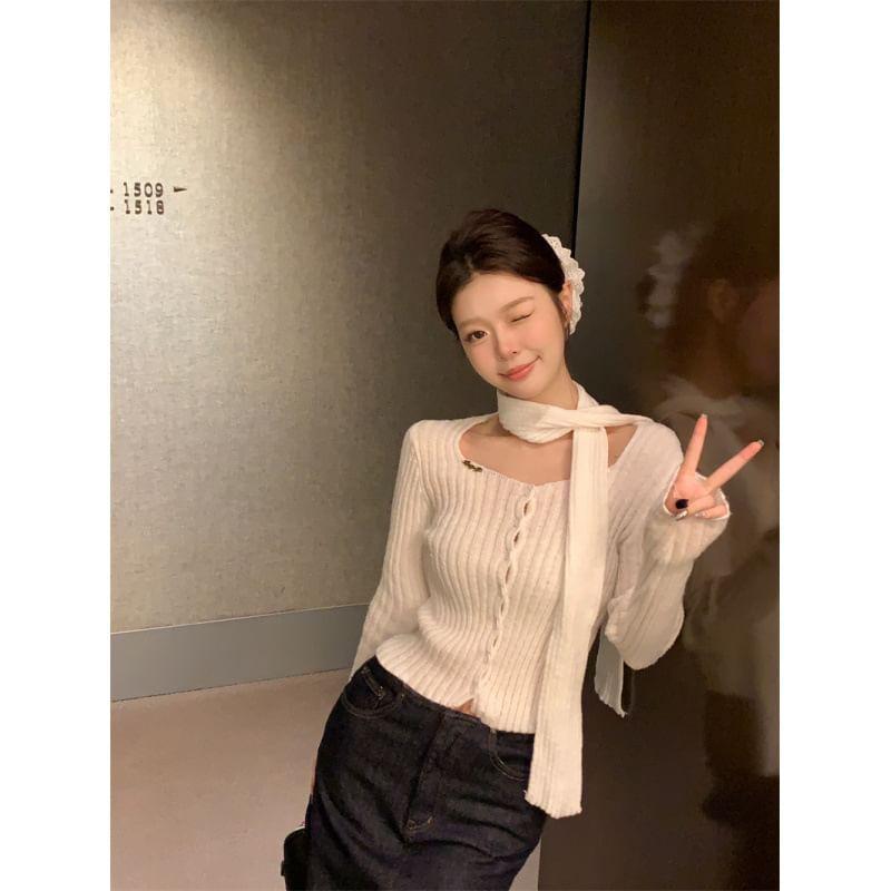 Square Neck Plain Ribbed Knit Cardigan Product Image