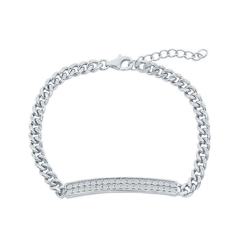 Argento Bella Sterling Silver Micro Pave ID Cuban Chain Bracelet, Womens White Product Image