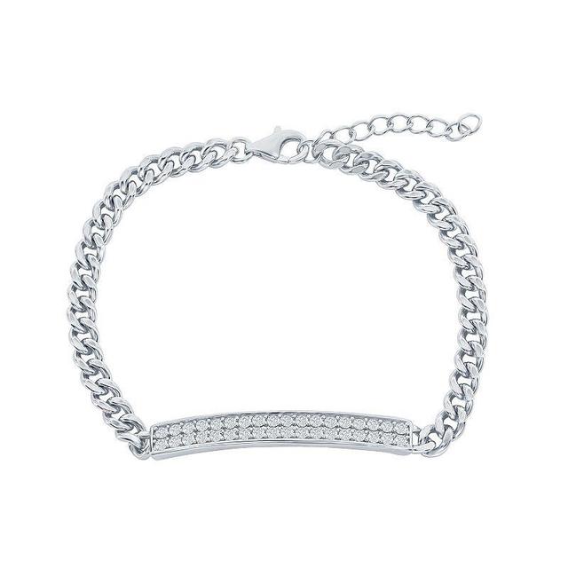 Argento Bella Sterling Silver Micro Pave ID Cuban Chain Bracelet, Womens White Product Image