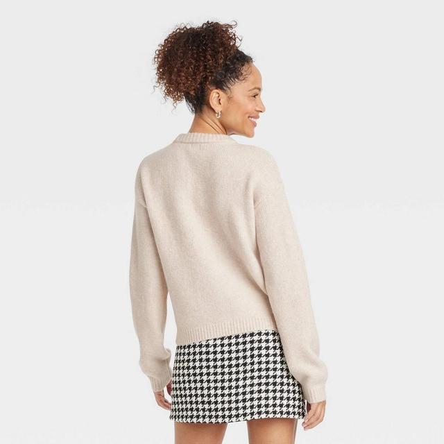 Women's Holiday Crewneck Pullover Sweater - A New Day™ Oatmeal Bow XS Product Image