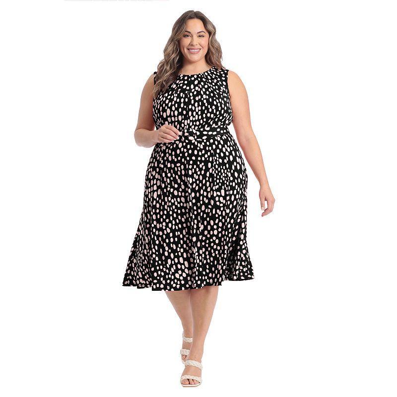 Plus Size London Times Belted Keyhole-Neck Midi Dress, Womens Black Blush Product Image