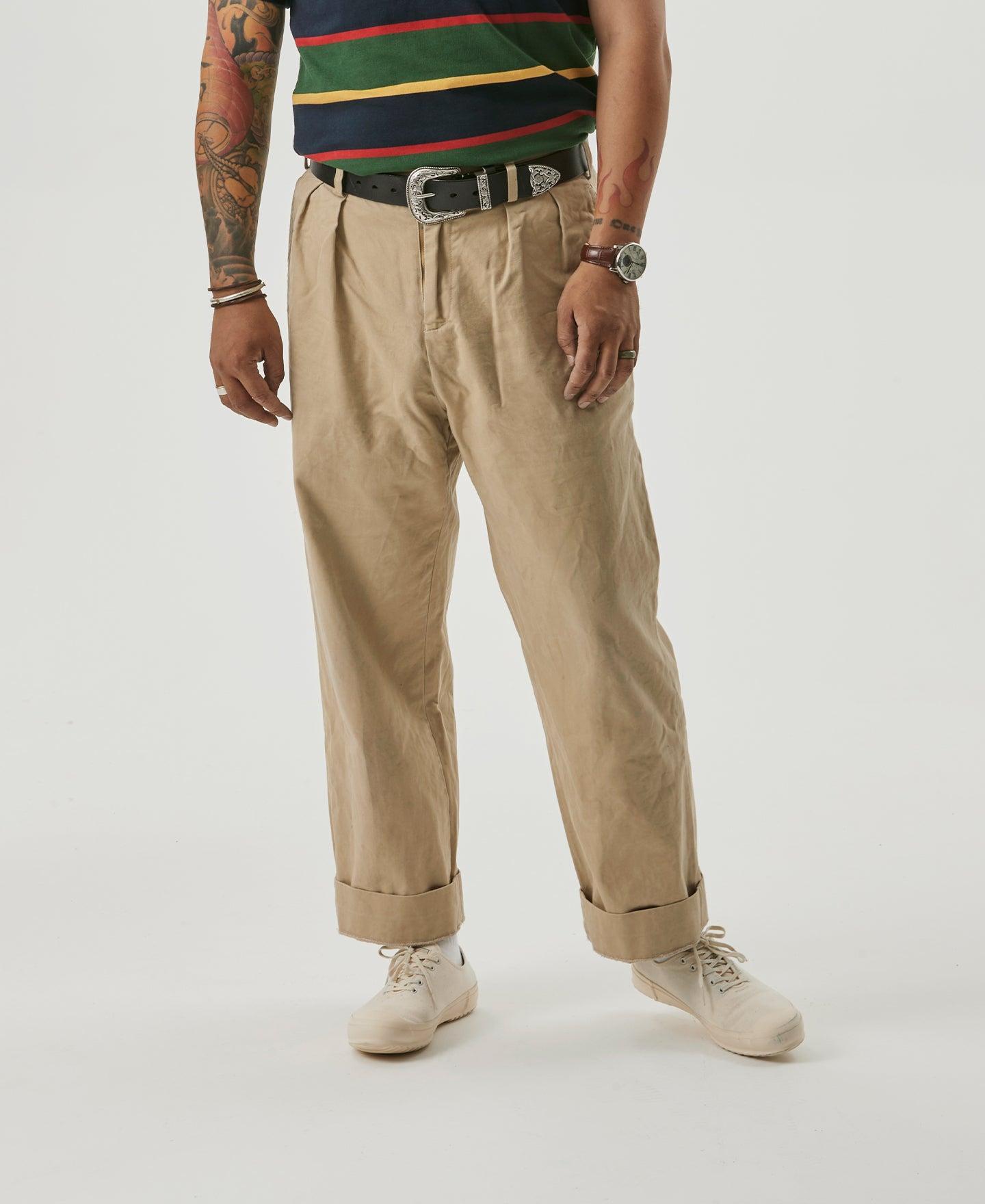 1930s IVY Style Double Pleated Chino Trousers - Khaki Product Image