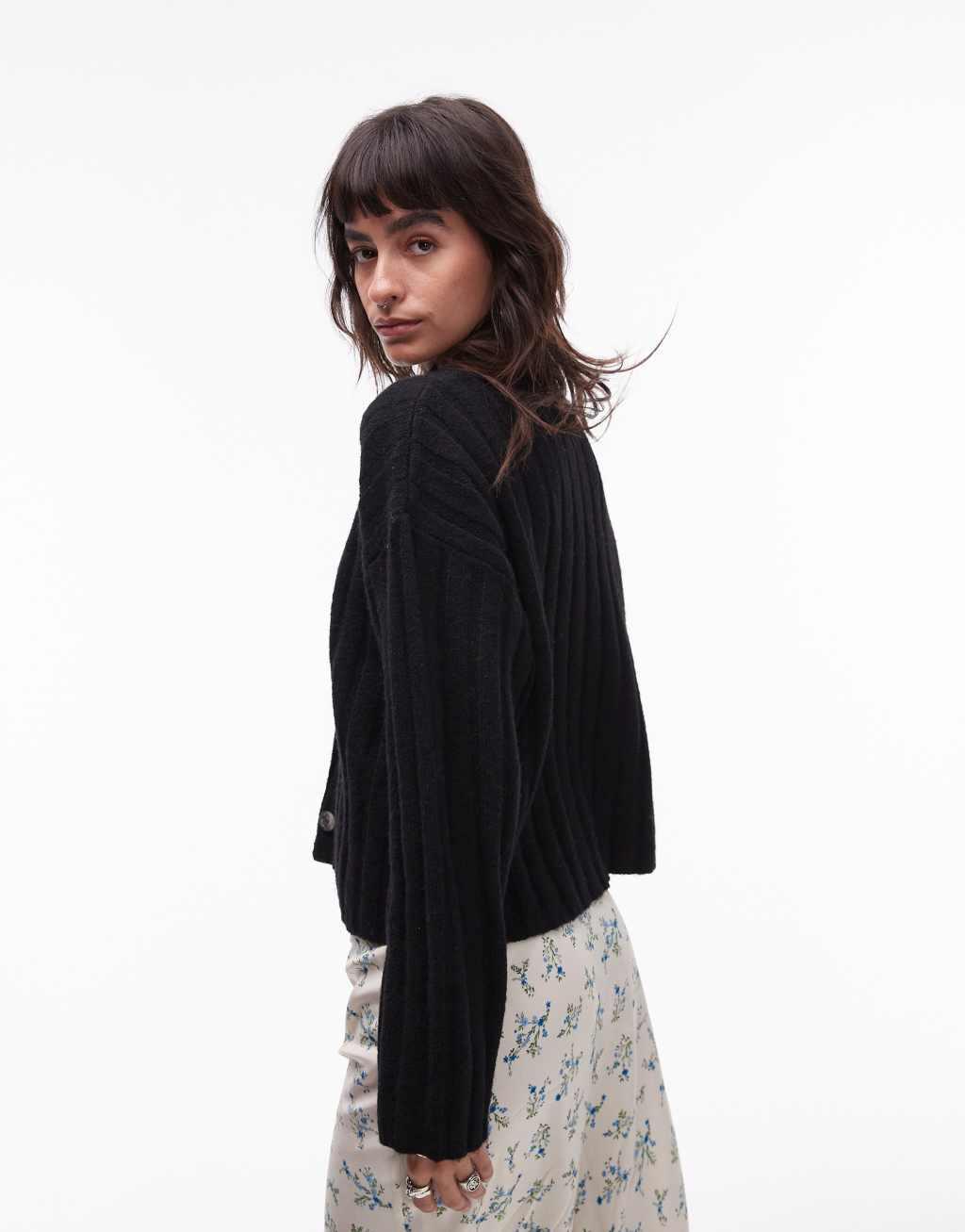 NA Topshop knit collar cardigan in black Product Image