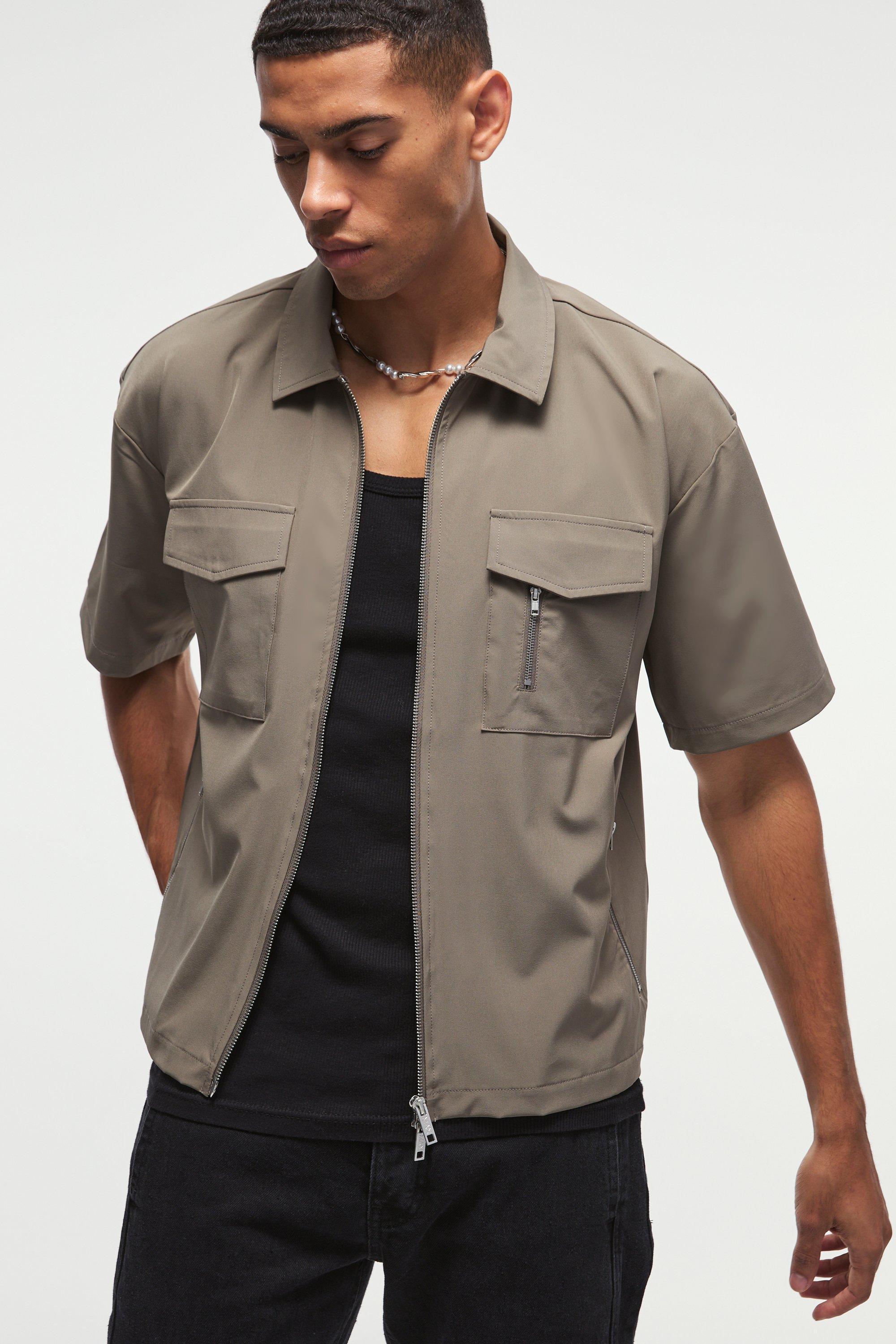 Technical Stretch Oversized Boxy Zip Through Pocket Detail Shirt | boohooMAN USA Product Image