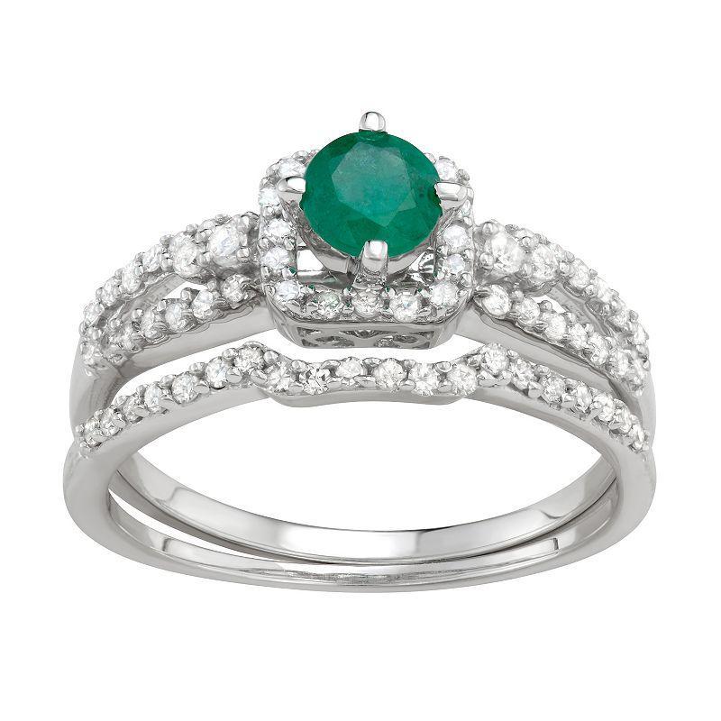 10k White Gold Emerald & 1 Carat T.W. Diamond Engagement Ring Set, Womens 10k Whgold Product Image