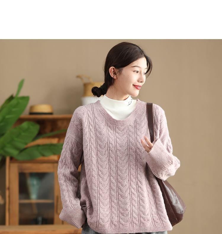 Crew Neck Plain Cable-Knit Sweater Product Image