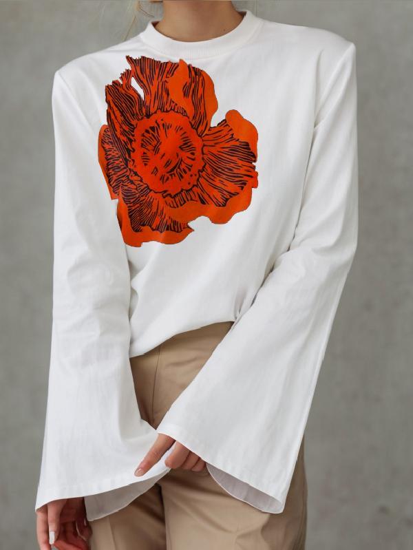 Flared Sleeves Long Sleeves Flower Print Round-neck T-Shirts Tops Product Image