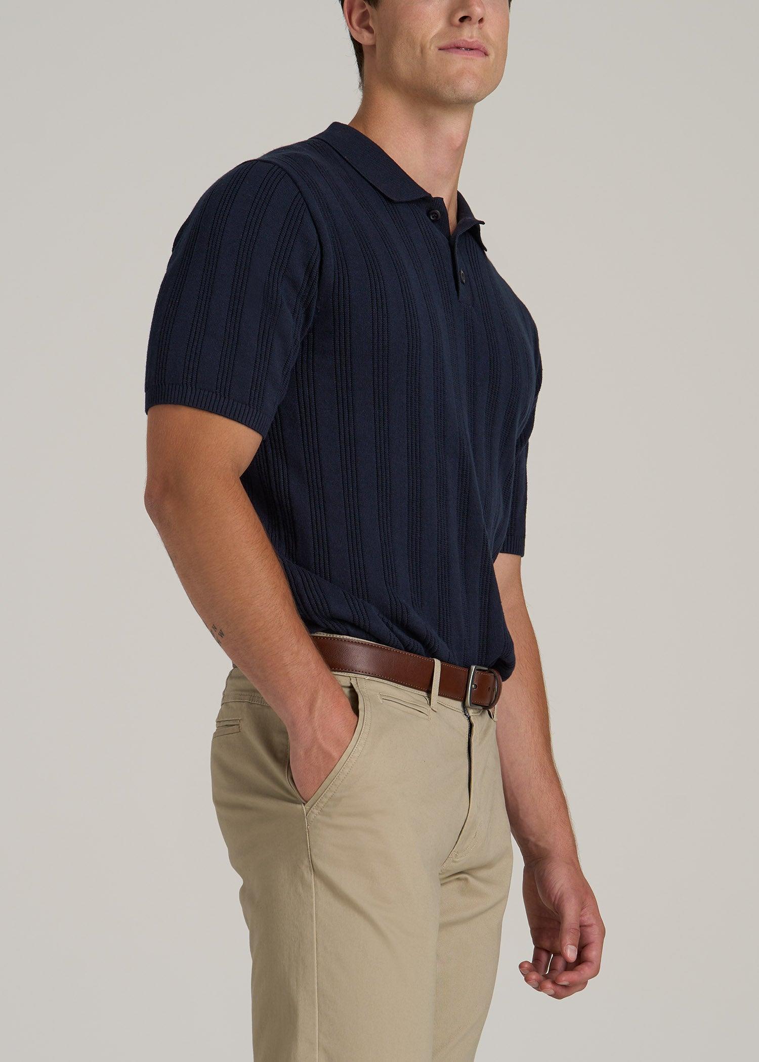 Ribbed Textured Knit Tall Men's Polo Shirt in Deep Indigo Male Product Image