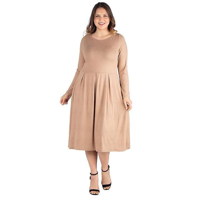 Plus Size 24seven Comfort Apparel Long Sleeve Fit and Flare Midi Dress, Womens Beig/Green Product Image