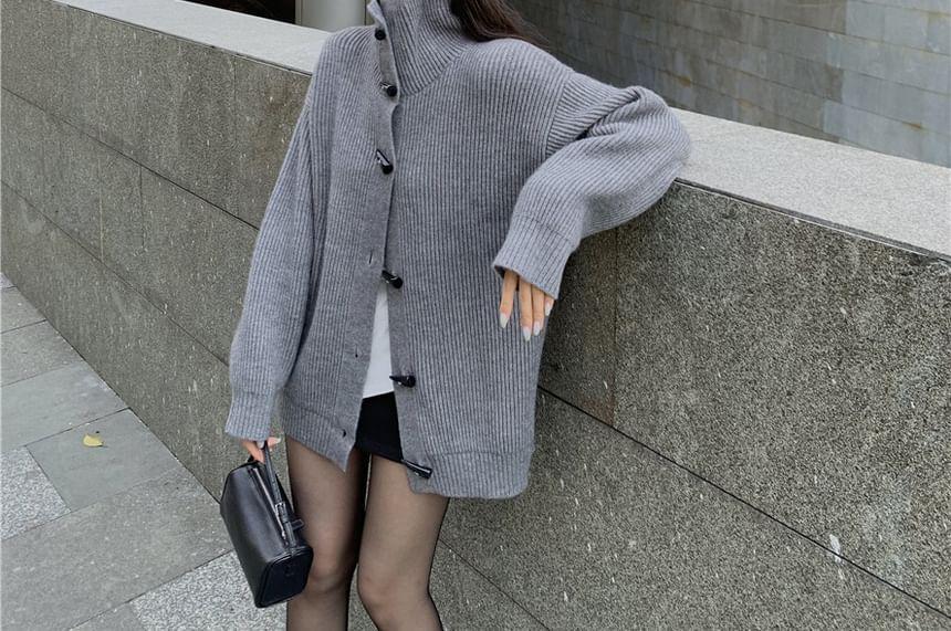 Stand Collar Plain Ribbed Toggle Cardigan Product Image