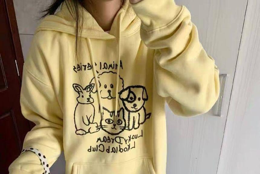 Long Sleeve Animal & Lettering Print Loose-Fit Hooded Pullover Product Image