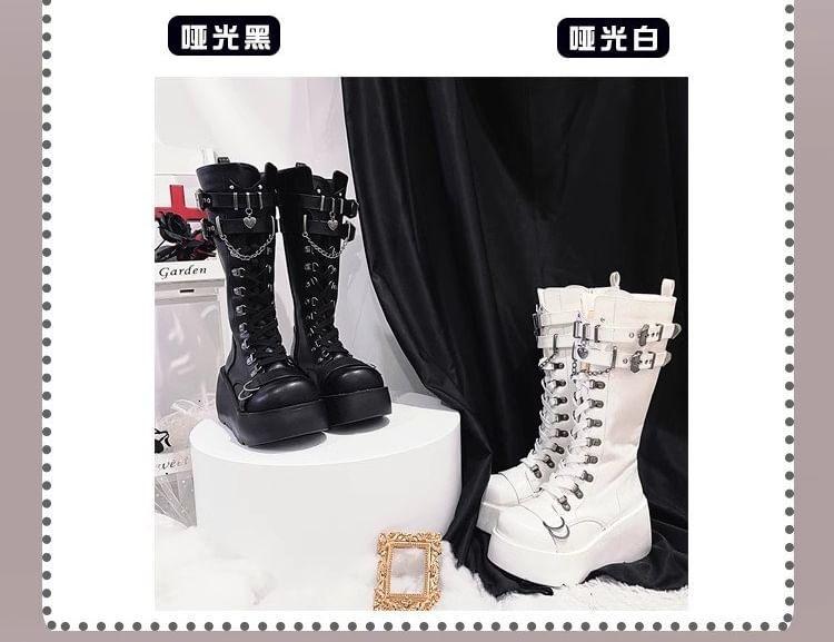 Faux Leather Wedge-Heel Buckled Tall Boots Product Image