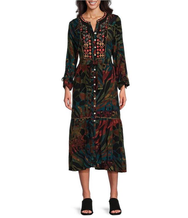 John Mark Woven Animal/Leaf Print Embroidered V Neck 3/4 Sleeve Button Front Tie Waist Midi Dress Product Image