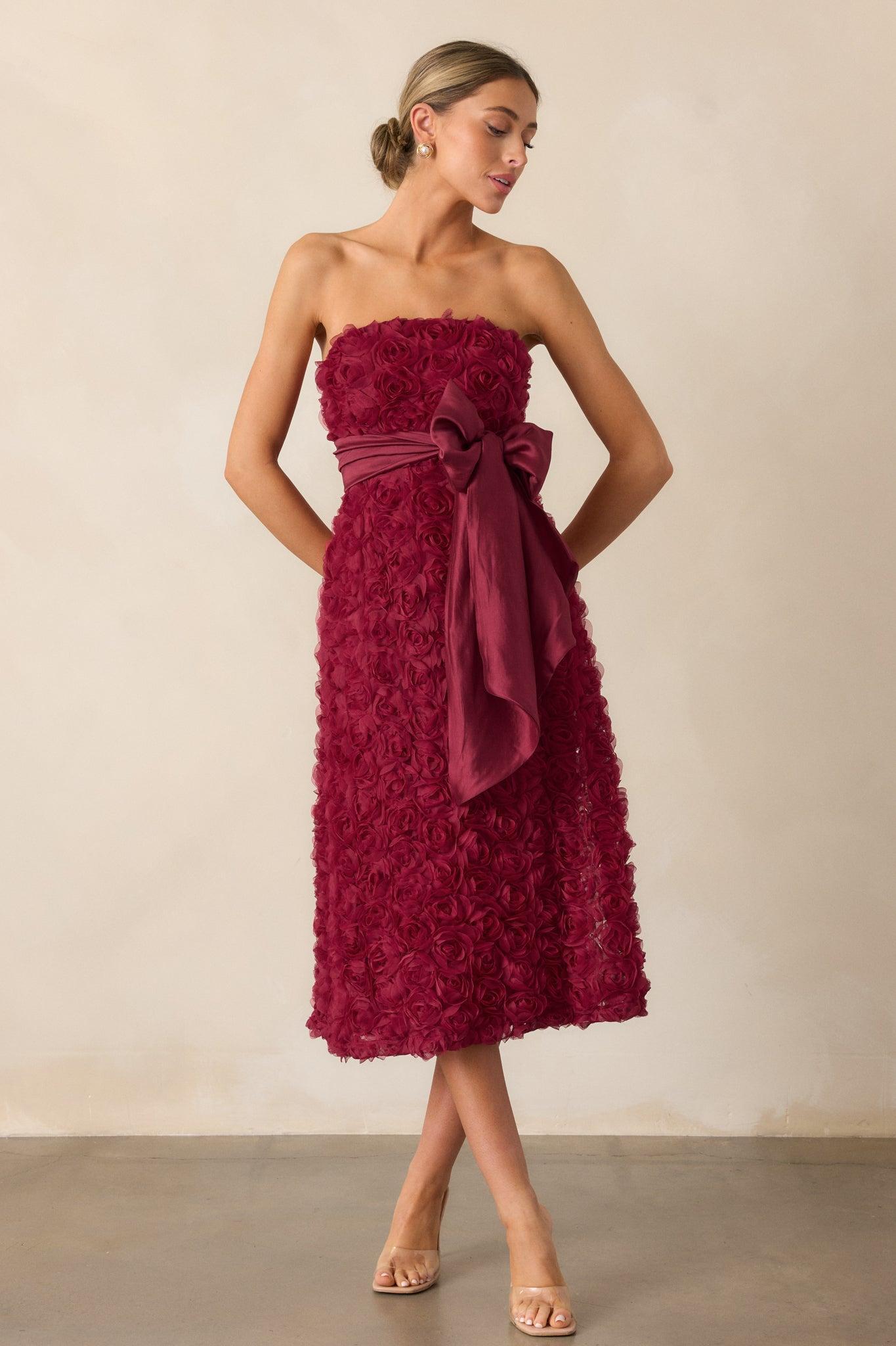 Raising The Bar Wine Floral Applique Midi Dress Product Image