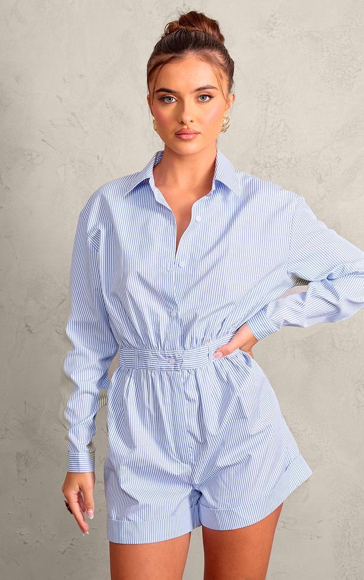 Blue Pinstripe Button Up Shirt Detail Romper Product Image