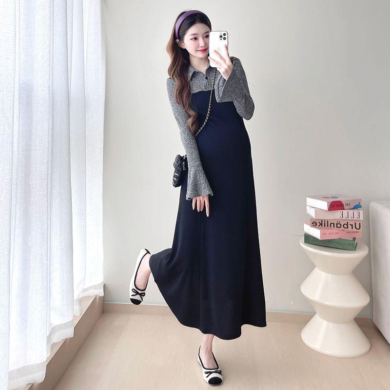 Maternity Mock Two-Piece Long-Sleeve Collared Melange Panel Midi A-Line Knit Dress Product Image