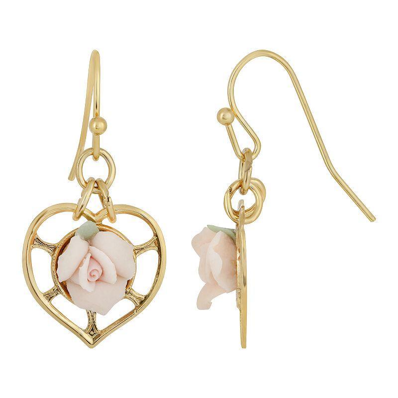 1928 14k Gold-Dipped Heart With Porcelain Rose Earrings, Womens, Pink Product Image