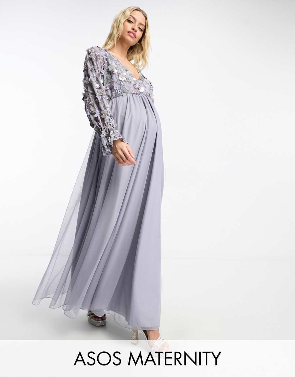 ASOS DESIGN Maternity embellished wrap front tulle skirt midaxi dress with floral detail in lilac Product Image