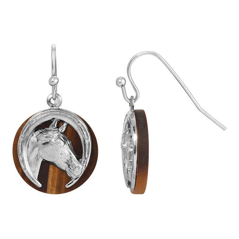 1928 Silver Tone Tiger Eye Horse Head Round Earrings, Womens, Brown Product Image