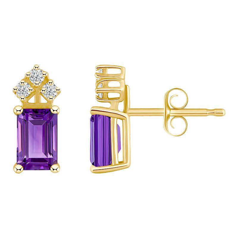 Celebration Gems 14k Gold Emerald Cut Amethyst & 1/8 Carat T.W. Diamond Stud Earrings, Womens, Purple Product Image